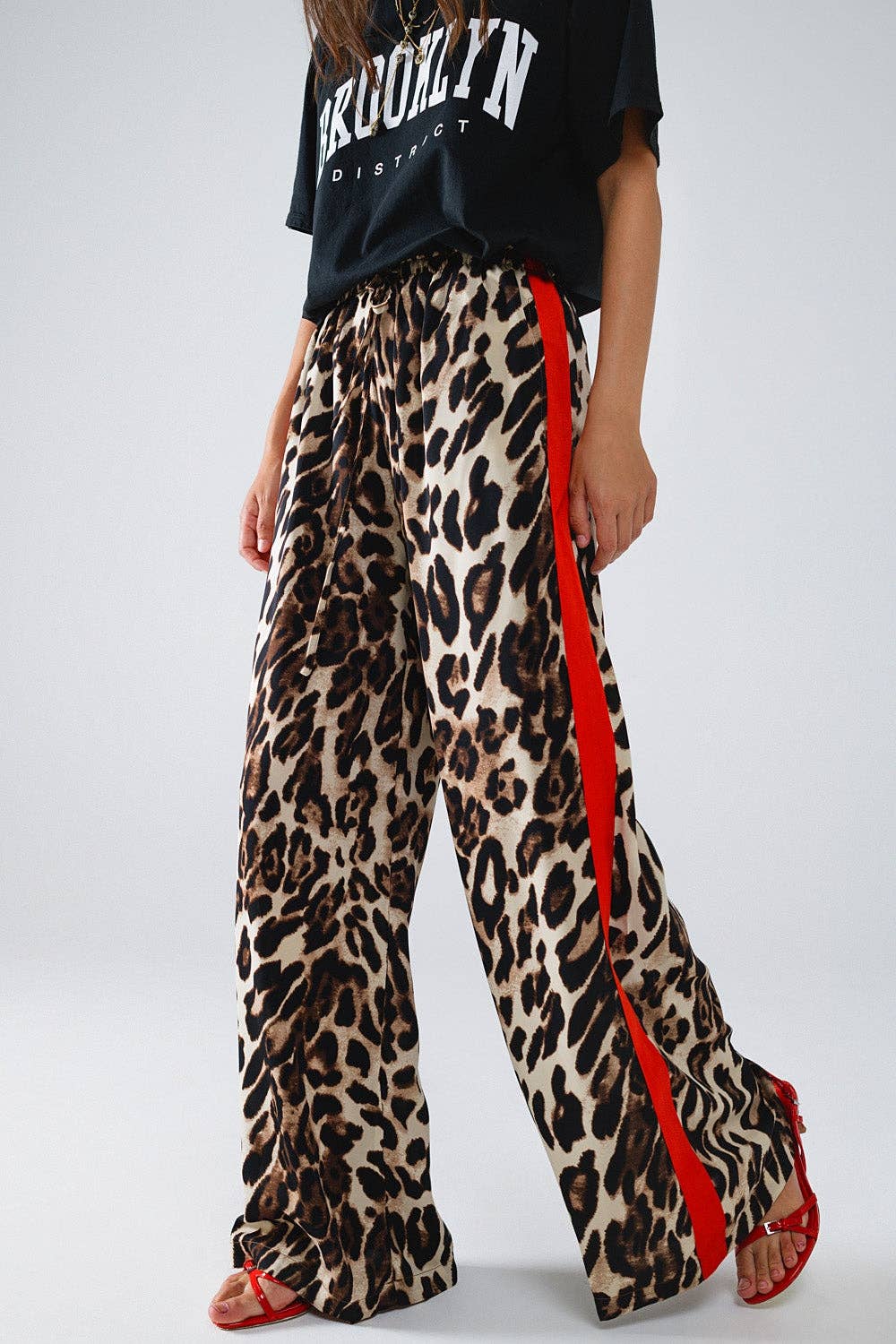 Leopard Straight Pants With Red Stripes Down The Sides