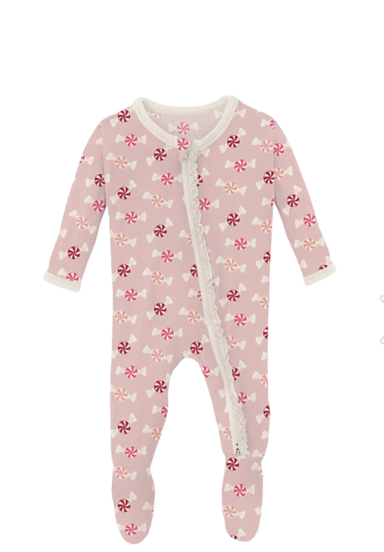 Print muffin ruffle footie with 2 way zipper in baby rose peppermints