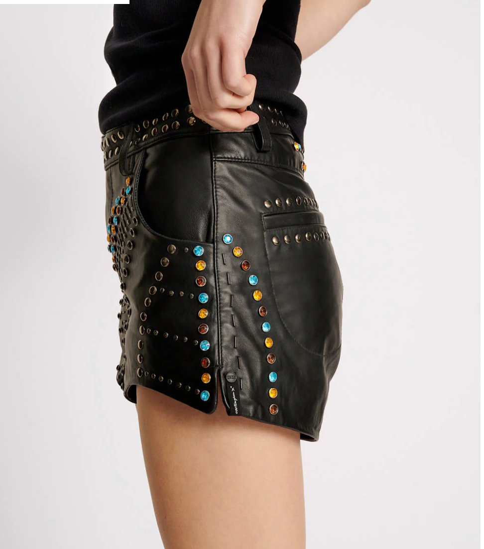 STUDDED JEWEL HIGH WAIST LEATHER SHORTS